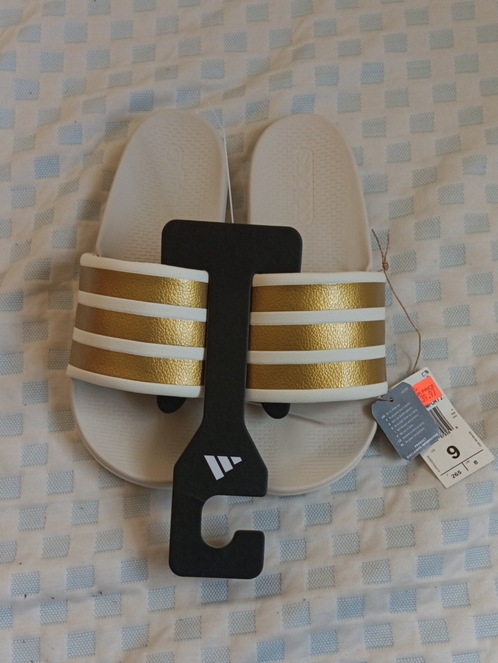 Adidas  Adilette Comfort 2 White Slides with Metallic Gold Stripes